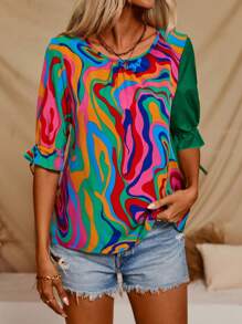 SHEIN LUNE Camisa casual para mujer con botones en la espalda y mangas con ribetes de volantes con estampado aleatorio y parches - Verde - Ver 4