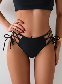 SHEIN Swim Quần bikini có dây buộc bên hông màu trơn cho bể bơi nghỉ mát ở bãi biển mùa hè - màu đen - Xem 2