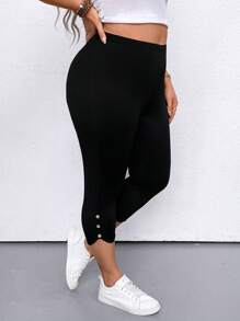 EMERY ROSE Plus Size Women's Fashion Solid Color Slim-Fit All-Match Leggings - Black - View 1