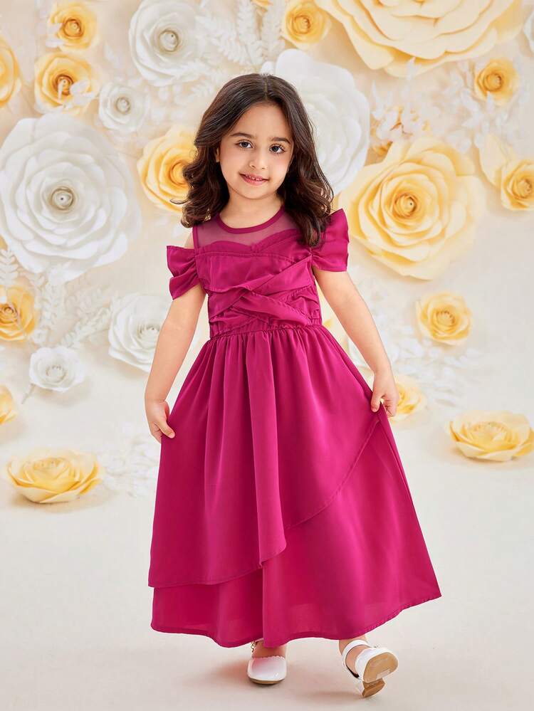 Young Girl Birthday Party Dress, Round Neckline, Cold Shoulder, High Waist, Asymmetrical Hem, Mid-Length, Solid Color