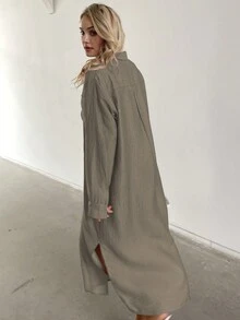 Women Casual Oversized Loose Maxi Shirt Dress - Army Green - View 2