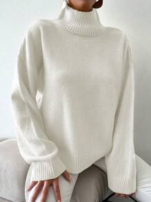 EURMUSE Women's Solid Colored Stand Collar Drop Shoulder Sweater - White - View 5