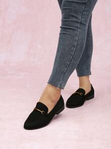 女士圓頭金屬扣粗跟豆鞋，黑色，大尺碼，適用於春秋款平底鞋