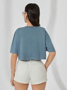 RueChic Women Printed Rhinestone Detailed Crop T-Shirt - Grey - View 4