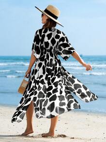 Swim Lushoire Summer Holiday Cow Print Drawstring Waist Batwing Sleeve Beach Cover-Up Kimono,Summer Beach - Multicolor - View 2