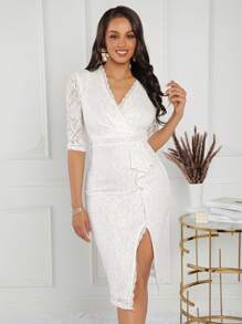 SHEIN Lady Vestido curto de verão feminino justo ao corpo com Patchwork de renda branca, vestido de casamento curto para formatura ou trajes de concertos de país - Branco - Visão 1