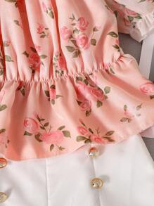 Tween Girl Digital Allover Print Full Floral Pattern Vacation Style White Top And Pants Set, 2pcs