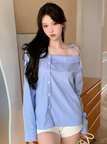 Áo sơ mi nữ hở vai dài tay kẻ sọc mùa hè - Màu xanh lam - Xem 3