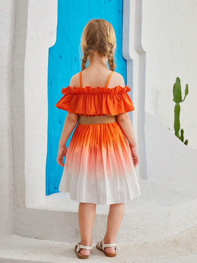 Young Girls' Ombre Color Sleeveless Dress With Shoulder Cutout And Lace Decoration