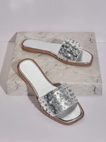 SHUZIA Women Solid Color Rhinestone Decorated Summer Casual Fashion Slip Resistant Flat Sandals - Silver - View 2