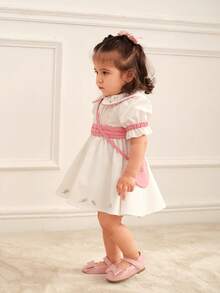 SHEIN Baby Girl Summer Sweet Color Block Embroidered Puff Sleeve Dress With Bag 2pcs/Set