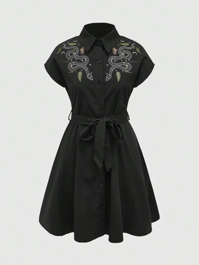 Goth Women's Snake Print Butterfly, Star And Moon Pattern Short Sleeve Casual Shirt Dress, School