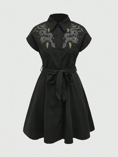 ROMWE Goth Women's Snake Print Butterfly, Star And Moon Pattern Short Sleeve Casual Shirt Dress, School