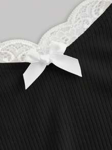 SHEIN MOD Women's Lace Spring Break Trim Halter Tie Neck T-Shirt - Black - View 3