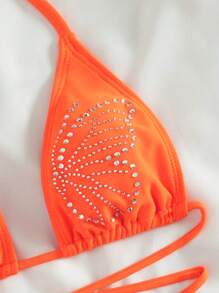 Swim EVENT Women's Vacation Rhinestone Butterfly Decor Orange Halter Neck Tie Sexy Bikini Set Summer - Burnt Orange - View 5