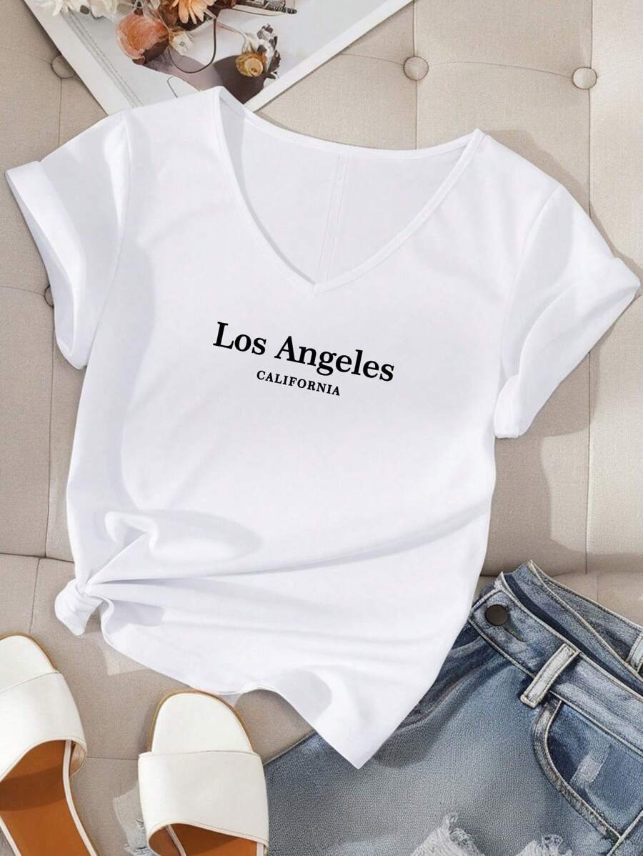 EMERY ROSE Women's Casual Simple Los Angeles Print Fitted V-Neck Drop Shoulder Short Sleeve T-Shirt, Plus Size, Suitable For Summer Suitable For Going Out - White - View 1