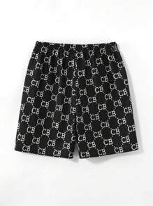 SHEIN 青少年男孩夏季短袖短褲字母圖案針織休閒寬鬆防火睡衣套裝