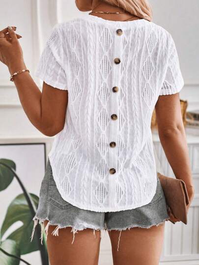 INAWLY Plus Size Round Neck Diamond Check Jacquard Fabric T-Shirt With Straight Shoulder And Arc-Shaped Hem With Back Button Closure