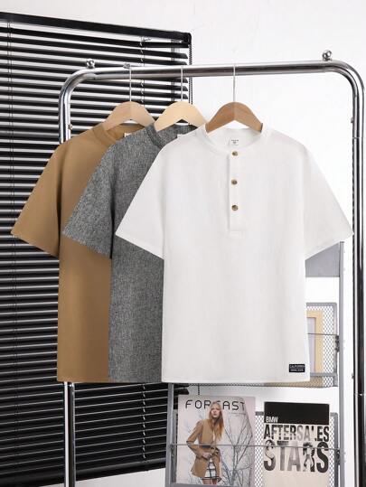 SHEIN Tween Boys Extended Storlek 3st Casual Stand Collar Solid Kortärmad Shirt Set