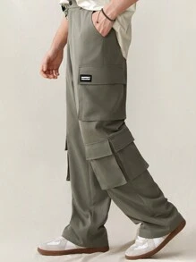 Manfinity VCAY Solid Color Woven Casual Pants With Pockets Cargo In My Era Olive Green Going Out Boyfriend Gift