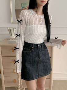 DAZY Blusa sencilla y lisa con decoración de lazo, manga larga para mujer, ideal para uso diario en verano