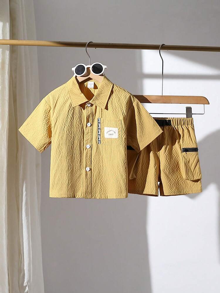 2pcs Young Boy Casual Sports Streetwear Turn-Down Collar Short Sleeve Shirt + Shorts Set, Suitable For Daily Wear, School, Travel, Outdoor Activities, Spring And Summer Seasons
