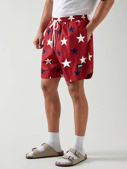 Men's Drawstring Summer Woven Casual Shorts With Star Print,Usa Men Shorts,Independence Day 4th Of July Celebration Style