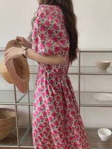 滿身花卉泡泡袖連衣裙 - 粉色 - 查看 3
