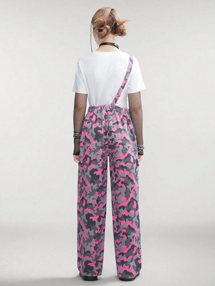 Teen Girls' Spring/Summer Printed Music Festival Pattern T-Shirt And Camouflage Overalls Set