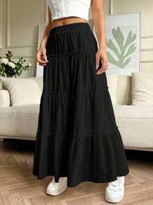 SHEIN EZwear 女式夏季休閒純色長裙 - 黑色 - 查看 3
