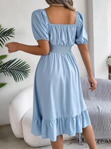 Spring/Summer Casual Holiday Short Puff Sleeve Drawstring Ditsy Floral Dress - Màu xanh nhạt - Xem 2
