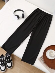 Pantalón largo casual tejido de niños preadolescentes con cintura con etiqueta y ajuste holgado - Negro - Ver 2
