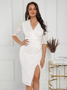 SHEIN Lady Vestido curto de verão feminino justo ao corpo com Patchwork de renda branca, vestido de casamento curto para formatura ou trajes de concertos de país - Branco - Visão 6