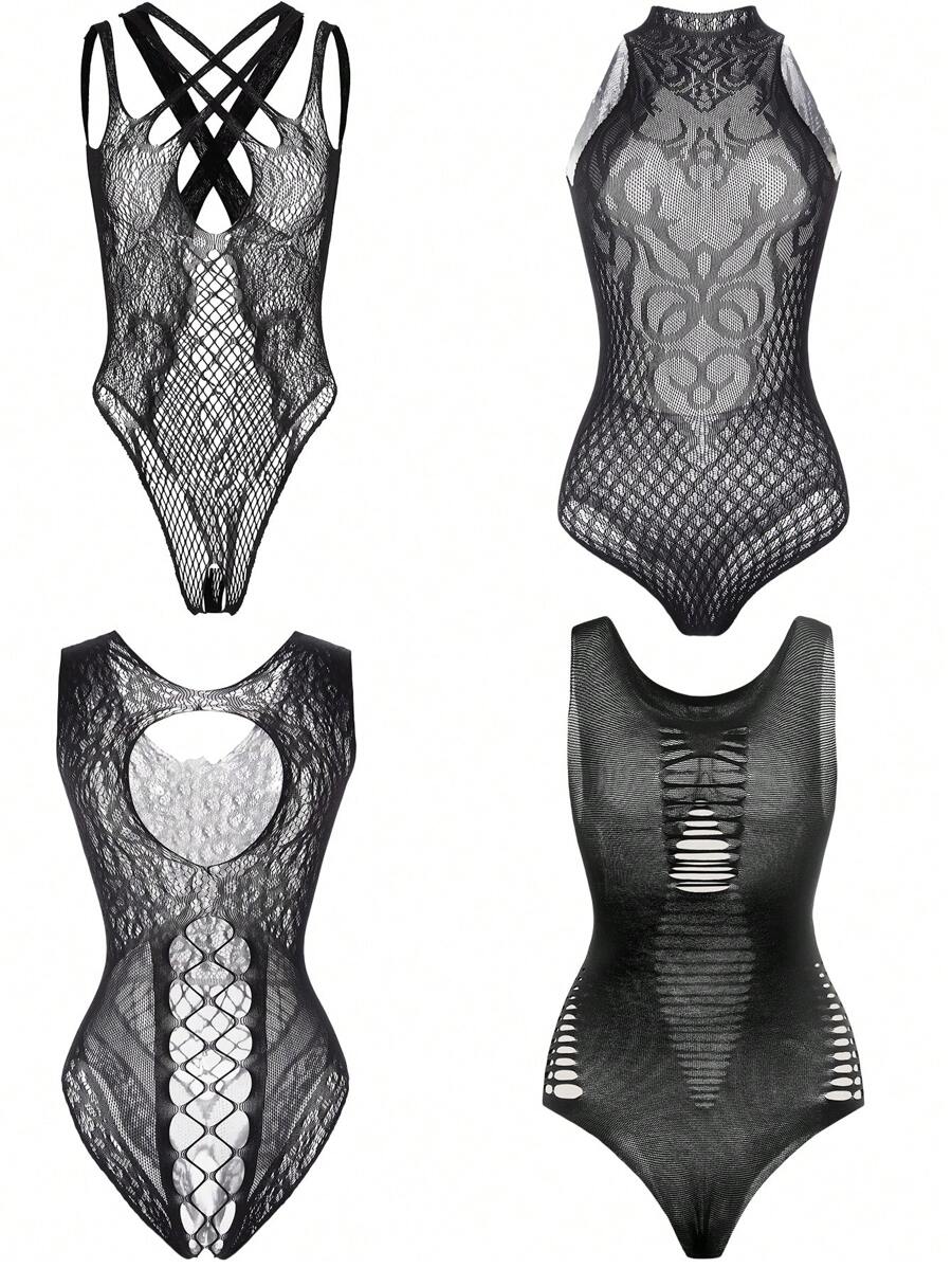 4pcs Women Sexy Sheer Bodystocking - Black - View 1