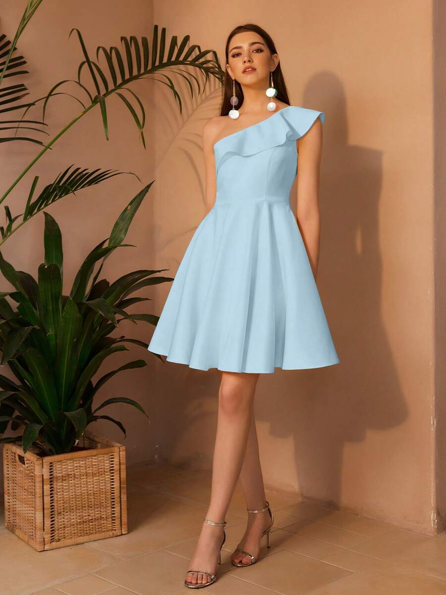 ANGEL FASHIONS Summer Elegant Solid Color Ruffled One-Shoulder Elasticated Waist Dress - Blue - View 1