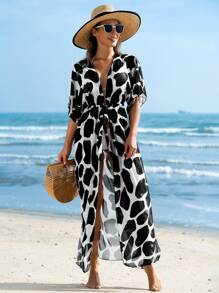 Swim Lushoire Summer Holiday Cow Print Drawstring Waist Batwing Sleeve Beach Cover-Up Kimono,Summer Beach - Multicolor - View 3
