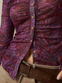 Bohemela 大码女式休闲复古佩斯利印花纽扣前开襟衬衫 - 紫色 - 查看 8