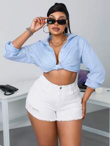 SHEIN SXY Cộng với kích thước dành cho nữ chắp vá có kích thước thô Quần short denim thông thường có túi - trắng - Xem 5