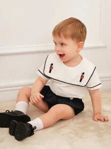 Souflis Souflis Baby Boys' 2pcs/Set Elegant French Retro Navy Collar Embroidery Printed Top & Shorts, Spring/Summer