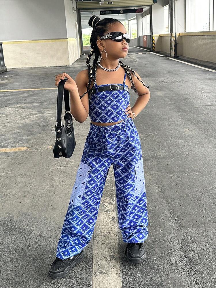 Tween Girl 2pcs/Set Star Printed Tank Top And Cargo Wide Leg Pants Casual Outfit