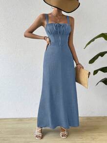 Breezaya Váy buộc dây hàng ngày đơn giản và trơn dành cho nữ - Rửa nhẹ - Xem 6