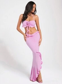 Forever 21 女士花卉3d設計性感舒適透氣吊帶上衣和裙子套裝 - 粉色 - 查看 1