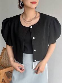 FRIFUL Women's Summer Casual Color Block Lace Splice Puff Sleeve Jacket - Black - View 3