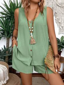 Breezaya Plus Size Women's Fashionable Solid Color Top And Shorts Two-Piece Set For Summer