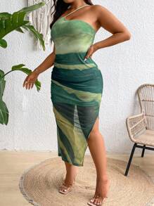 Celure Vestido de verano de talla grande con corte asimétrico en el cuello, hasta el muslo, sin mangas y con estampado tie-dye y aberturas laterales