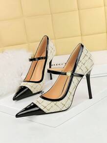 Women High Heel Shoes Pointed Toe Two-Tone Strap Pumps - White - View 2