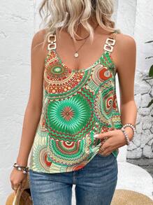 Breezaya Vintage Metal-Accented Printed Casual Sleeveless Top - Brown - View 3