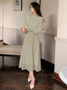 DAZY Váy dài tay ôm eo ren màu trơn thanh lịch, váy dạ hội mùa xuân, váy mùa thu - Màu xanh Bạc hà - Xem 3
