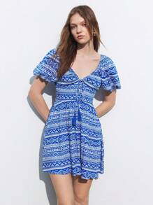 Maija Women's Chic Geometric Printed Casual V-Neck Short Sleeve Mini Dress - Red - View 1