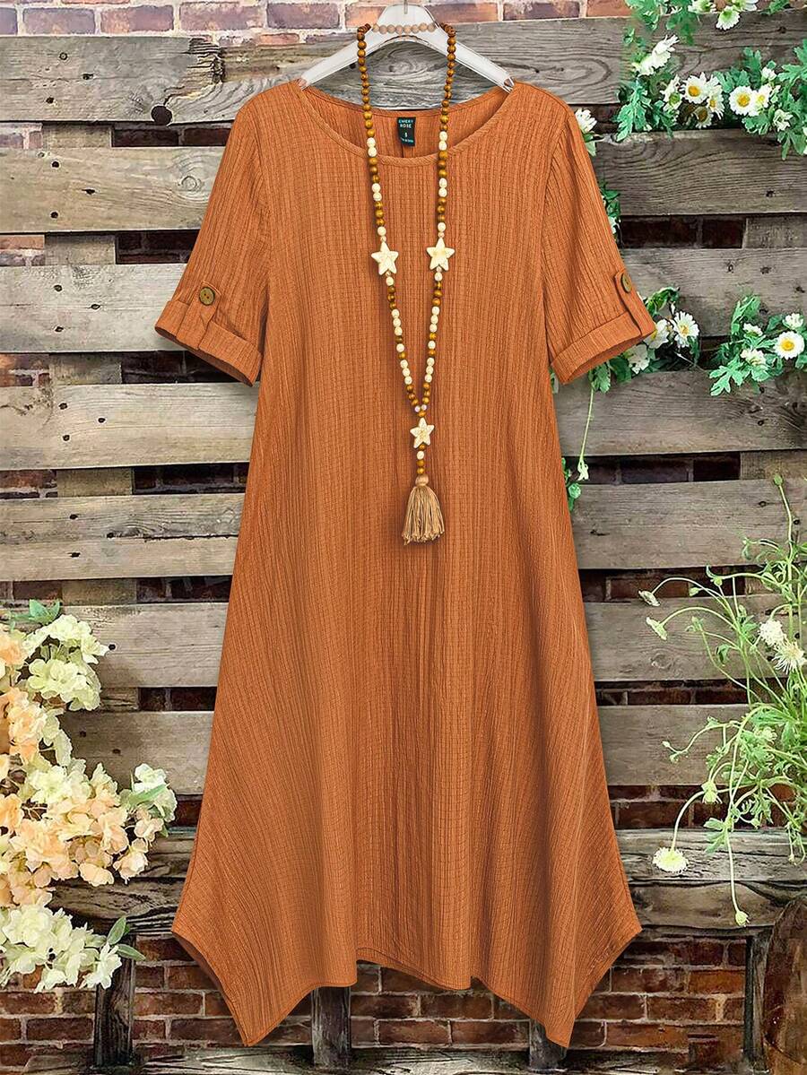 EMERY ROSE Women Simple Solid Color Round Neck Short Sleeve Dress - Yellow - View 1